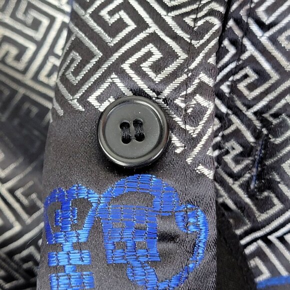 Vintage Y2K Satin Asian Shirt Men Large Black Blue Button Up Casual Short Sleeve - Picture 6 of 16